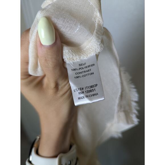 Oddi Cream Beige Linen Like Textured Weave Balloon Sleeve Blouse Size XL Beachy - Picture 8 of 8